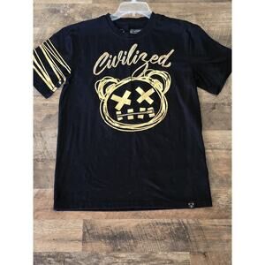 Civilized Black/ Gold Zipper Bear Tee Shirt Mens Size Medium Short Sleeve